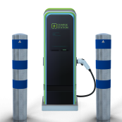 Impact protection bollards | as e-charging post protection |  193 mm | hot-dip galvanized with 3 blue reflective strips foil type RA1/A | for casting in concrete